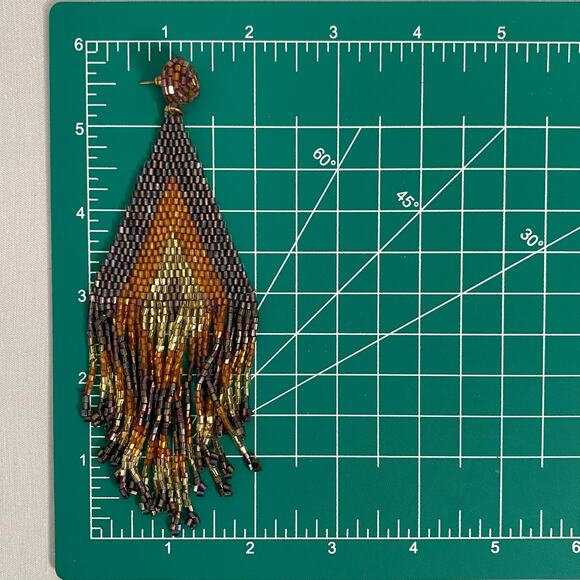 Tribal Oversized Seed Beaded Earrings Posts Chevron Color Black Pattern Fringe - Picture 9 of 9